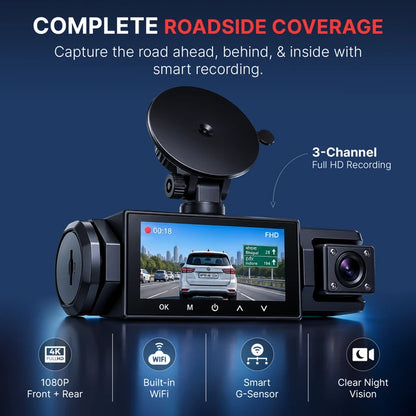 ULTRA 3-Lens 1080P Full HD Dash Cam | Cabin Recording | Night Vision | Built-in Mic