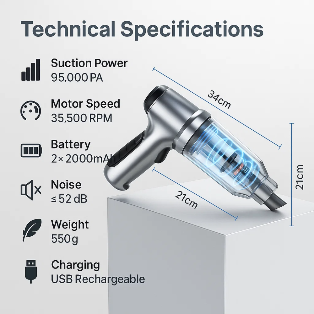 Vacuum Cleaner - Powerful and Compact Car Vac for Quick Cleaning