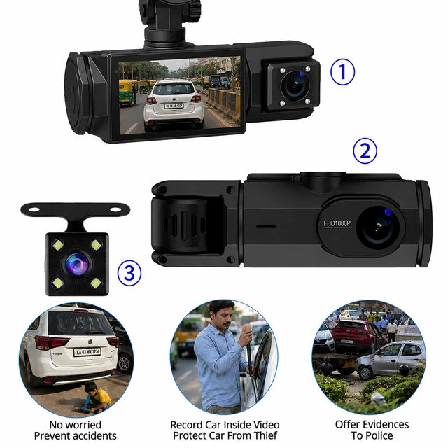 ULTRA 3-Lens 1080P Full HD Dash Cam | Cabin Recording | Night Vision | Built-in Mic